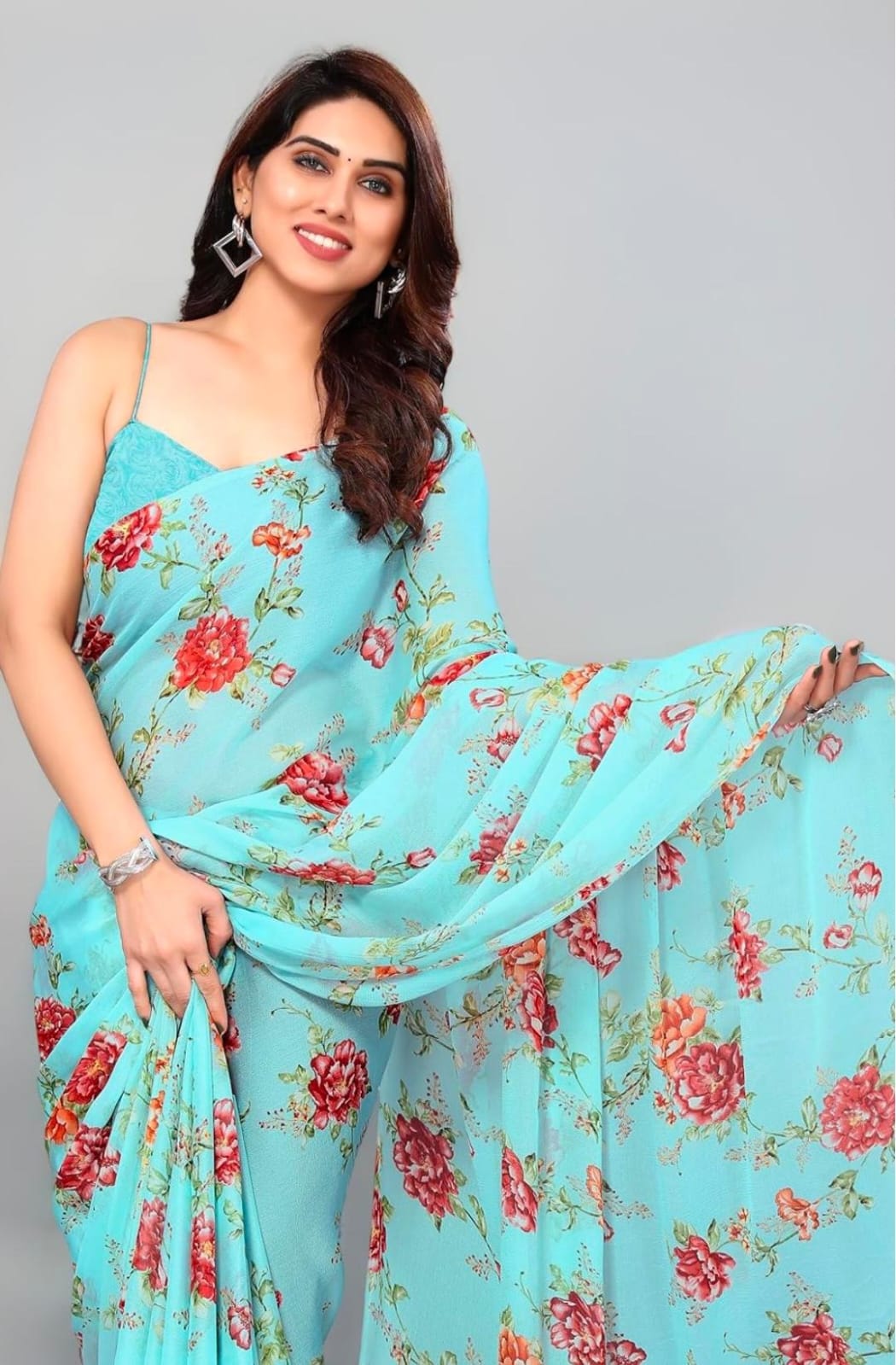 light blue floral georgette saree